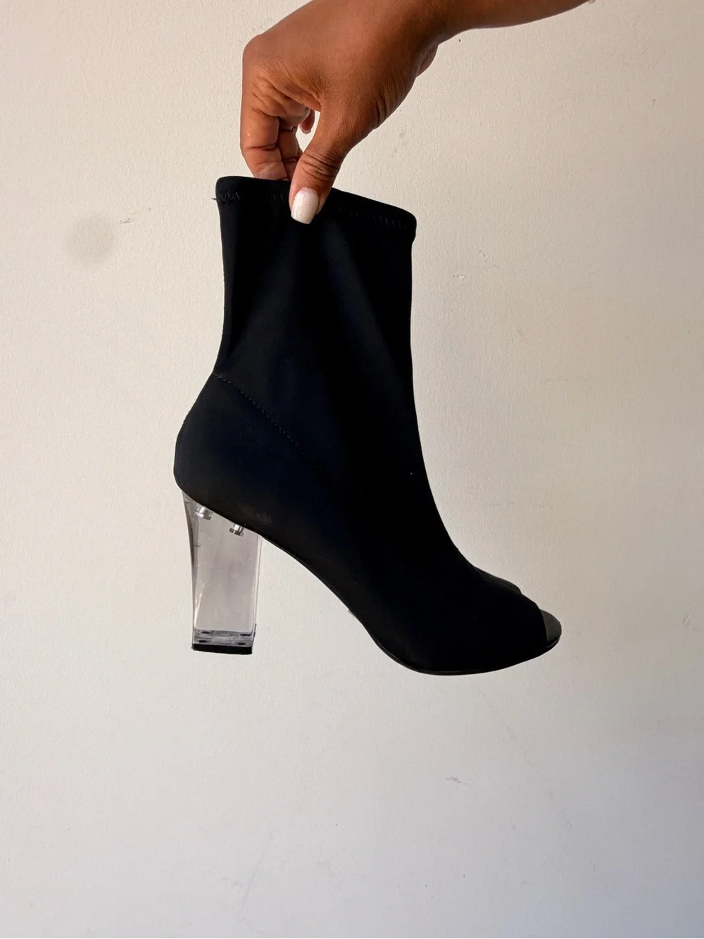 Black Peep-Toe Sock Boot with Clear Block Heel